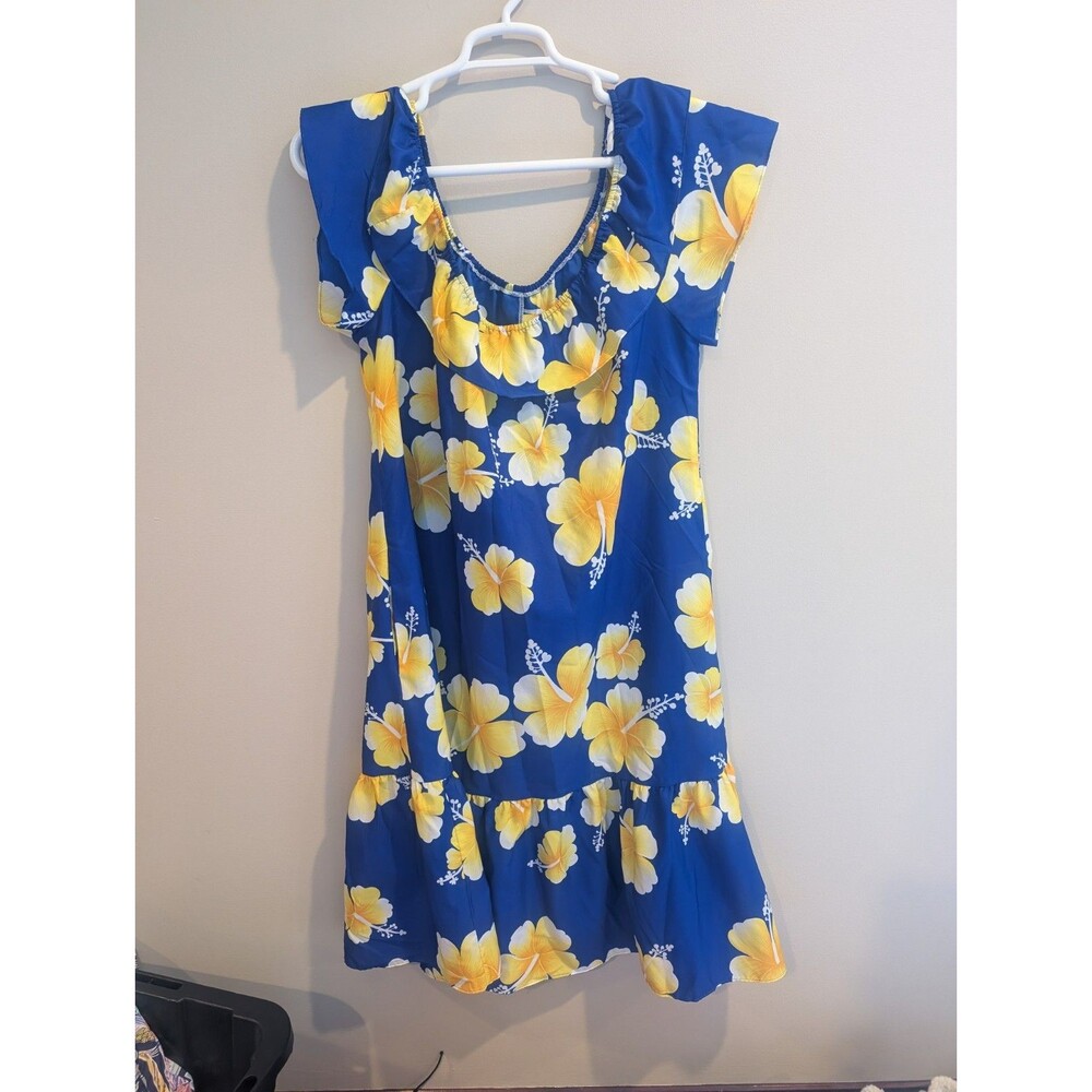 vtg Hilo Hattie Hawaii Sz L Hawaiian dress blue yellow hibiscus USA Summer Beach